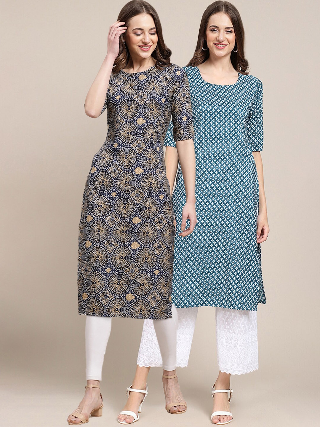 

7Threads Women Pack Of 2 Ethnic Motifs Printed Crepe Kurta, Blue