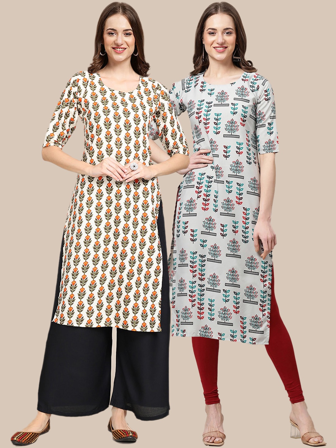 

7Threads Women Pack Of 2 Floral Printed Crepe Kurta, Beige