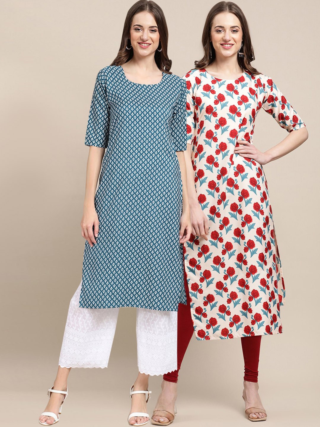 

7Threads Women Pack Of 2 Floral Printed Crepe Kurta, Blue