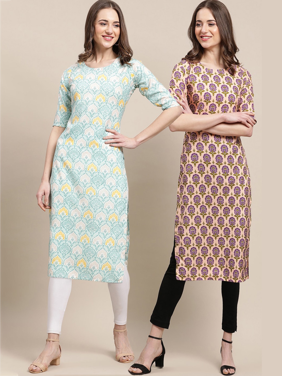 

7Threads Women Pack Of 2 Ethnic Motifs Printed Crepe Kurta, Green