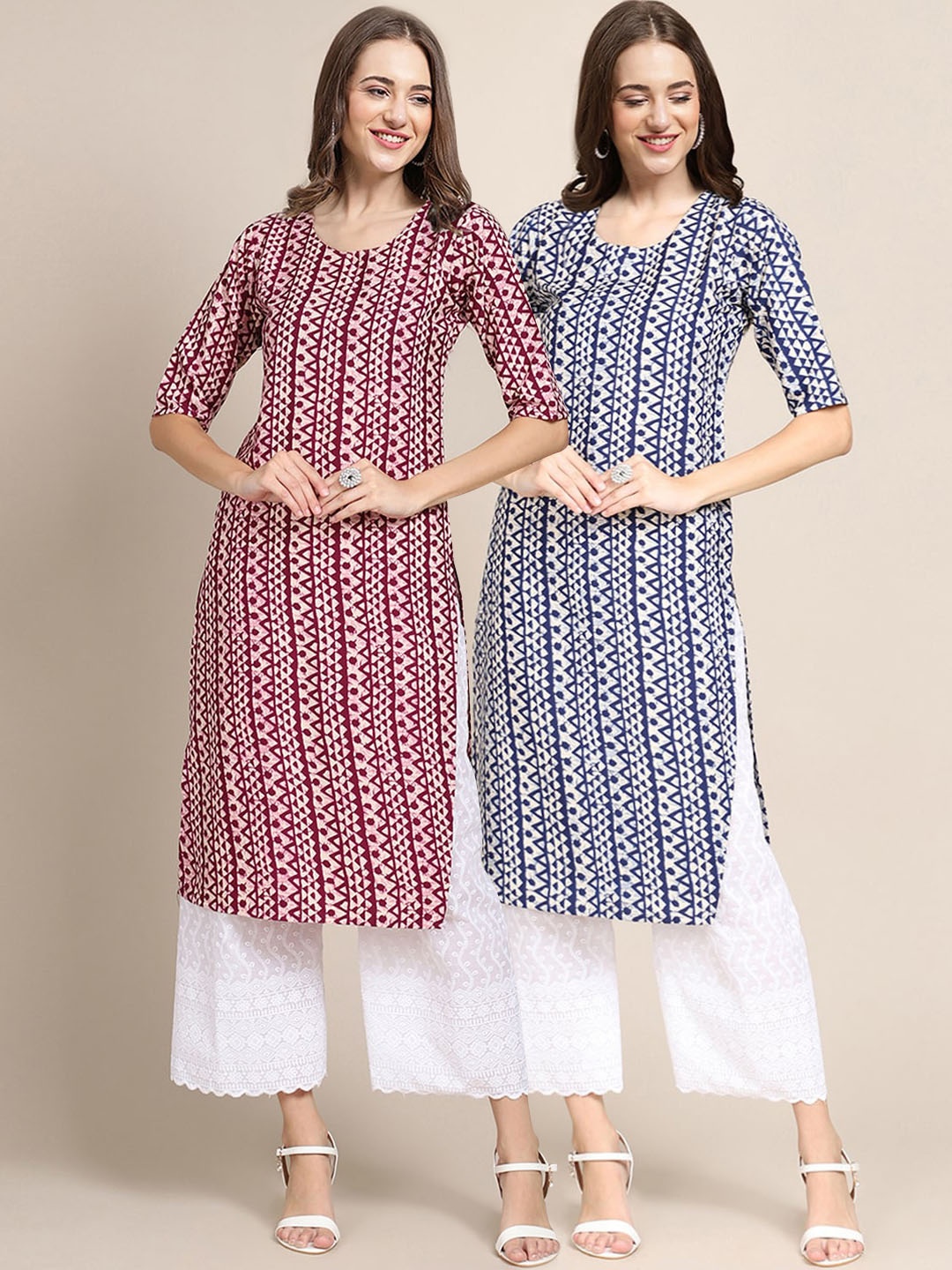 7Threads Women Pack Of 2 Geometric Printed Crepe Kurta, Maroon