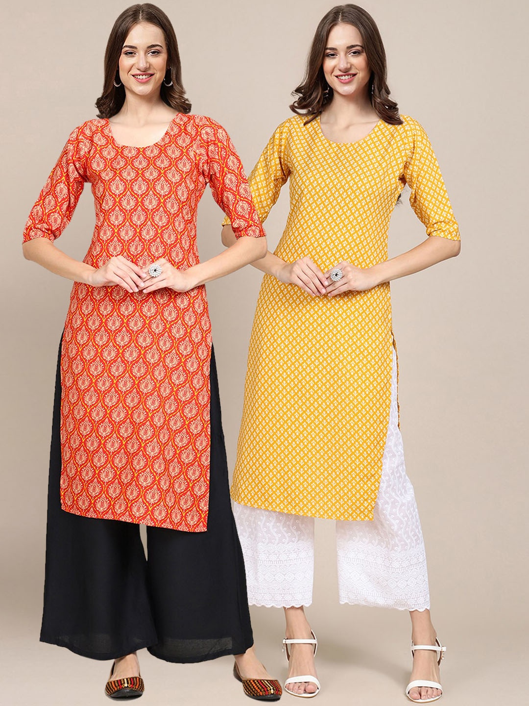 

7Threads Women Pack Of 2 Ethnic Motifs Printed Crepe Kurta, Orange