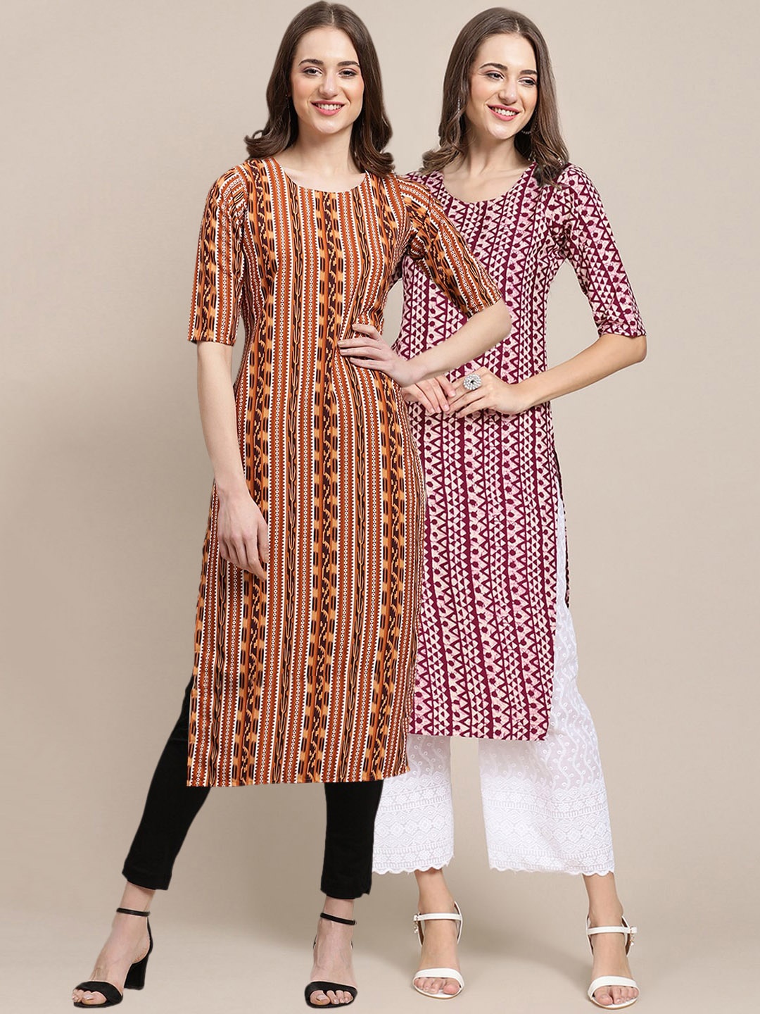 

7Threads Women Pack Of 2 Ethnic Motifs Printed Crepe Kurta, Brown