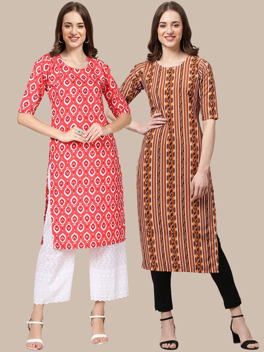 

7Threads Women's Crepe Red & Brown Color Ethnic Motif Printed Straight Kurta (PACK OF 2)