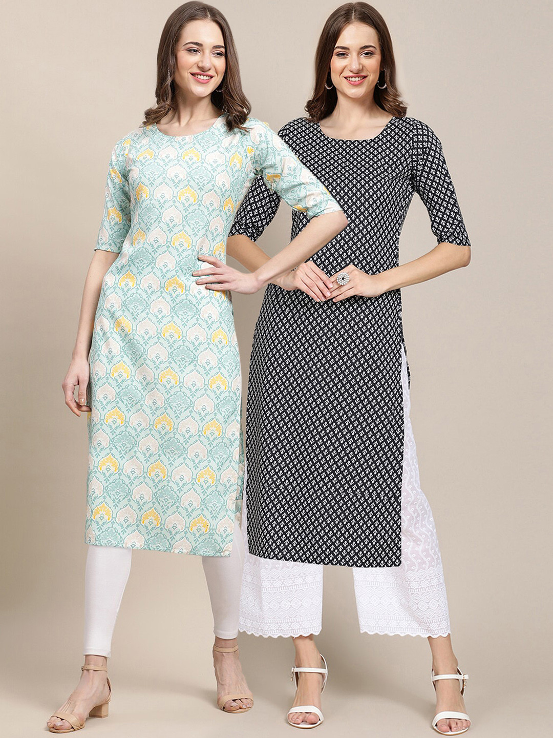 

7Threads Women's Crepe Turquoise Blue & Black Color Ethnic Printed Straight Kurta PACK OF 2