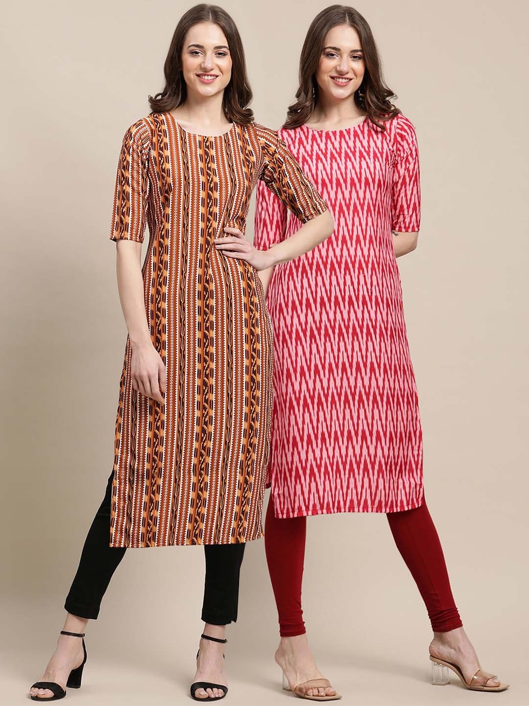 

Women's Crepe Red & Brown Color Ethnic Motif Printed Straight Kurta (PACK OF 2)