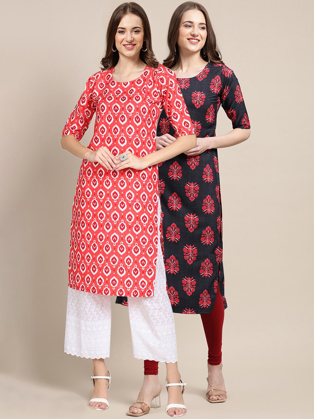 

7Threads Women Pack Of 2 Ethnic Motifs Printed Crepe Kurta, Peach