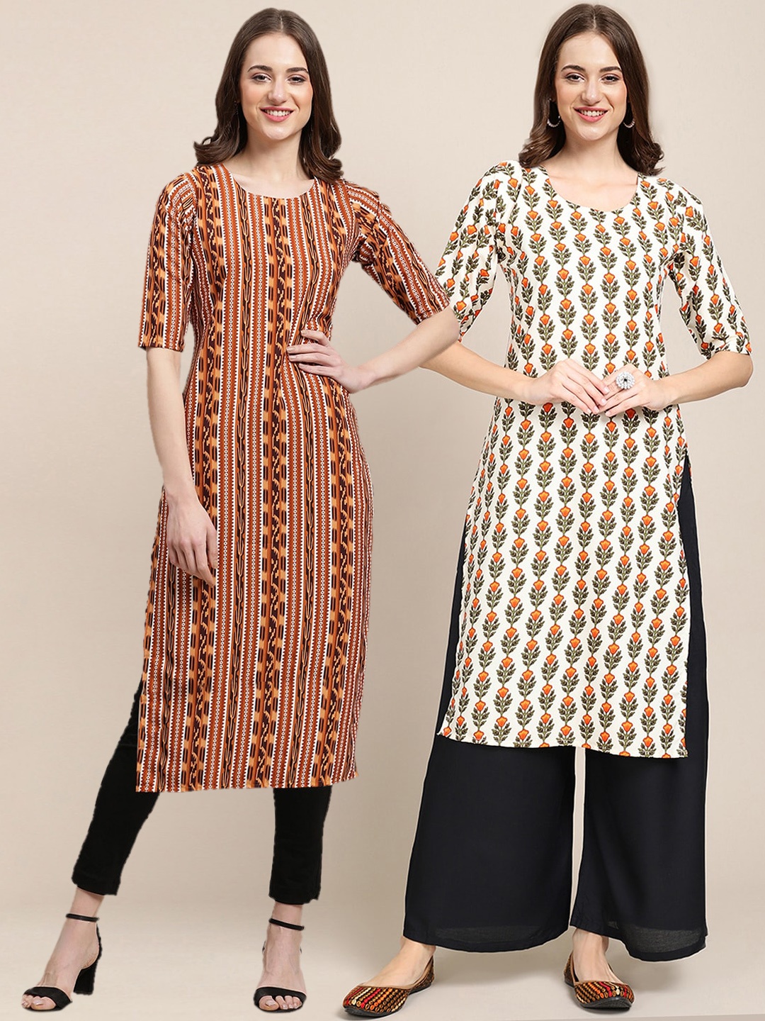 

7Threads Women Pack Of 2 Brown & Beige Ethnic Motifs Printed Summer Sheers Crepe Kurta