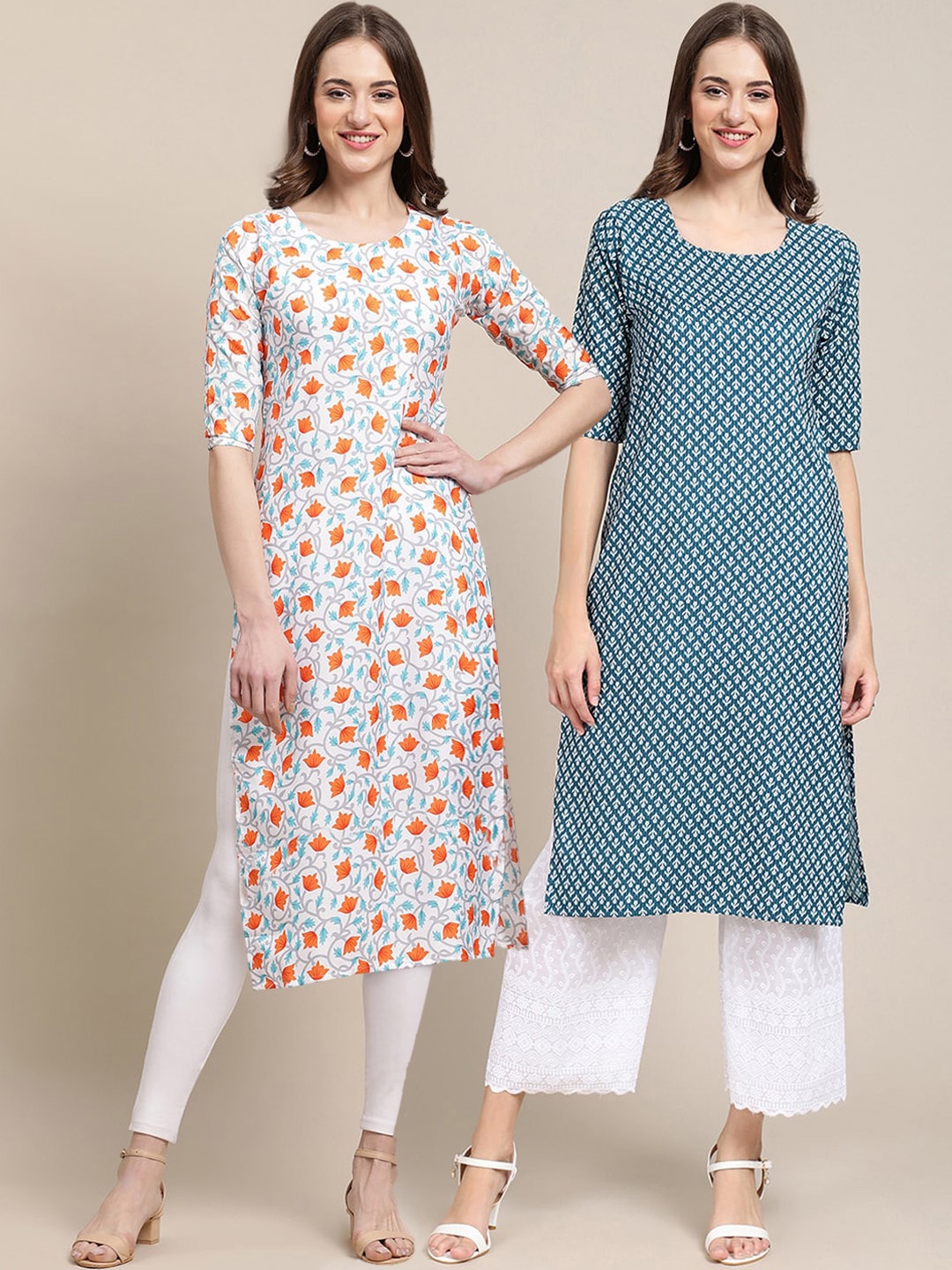 

7Threads Women's Crepe Off White & Teal Color Floral Printed Straight Kurta PACK OF 2