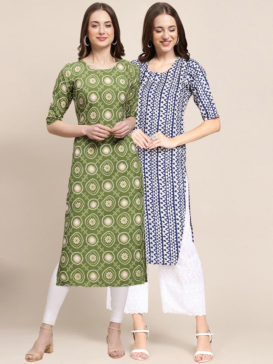 

7Threads PACK OF 2 Women Green & Blue Ethnic Motifs Printed Summer Sheers Crepe Kurta