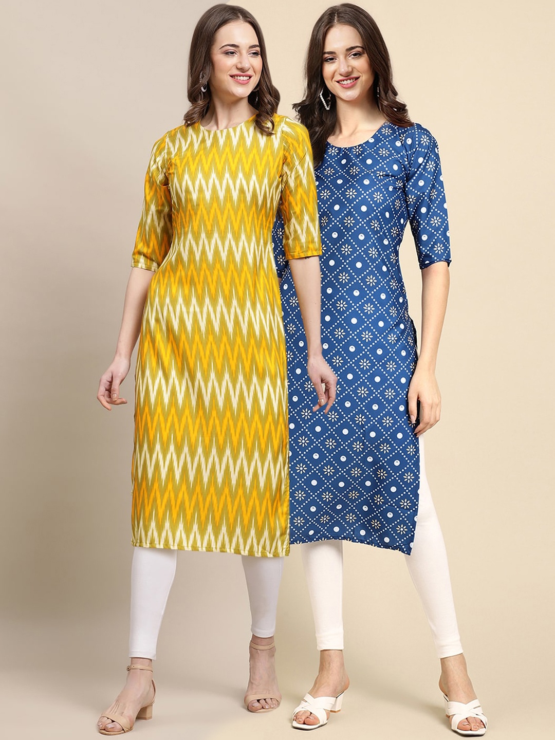 

7Threads Women Pack Of 2 Yellow & Blue Geometric Printed Summer Sheers Crepe Kurta