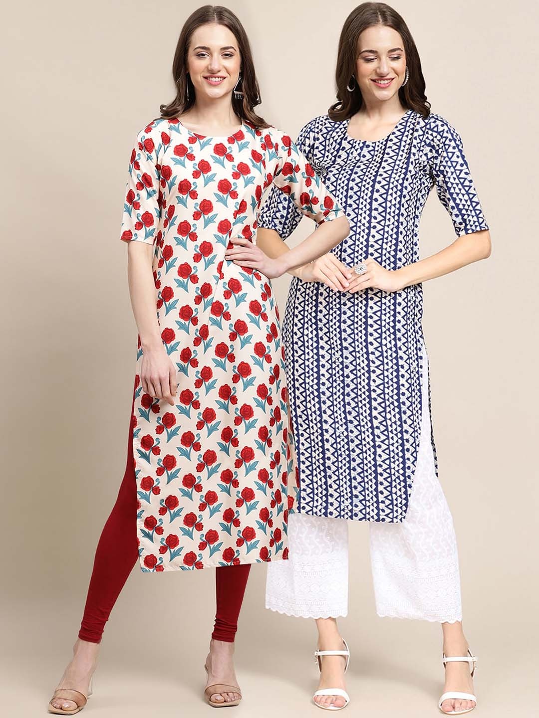 

7Threads Women Pack of 2 White & Navy Blue Ethnic Motifs Printed Crepe Kurta