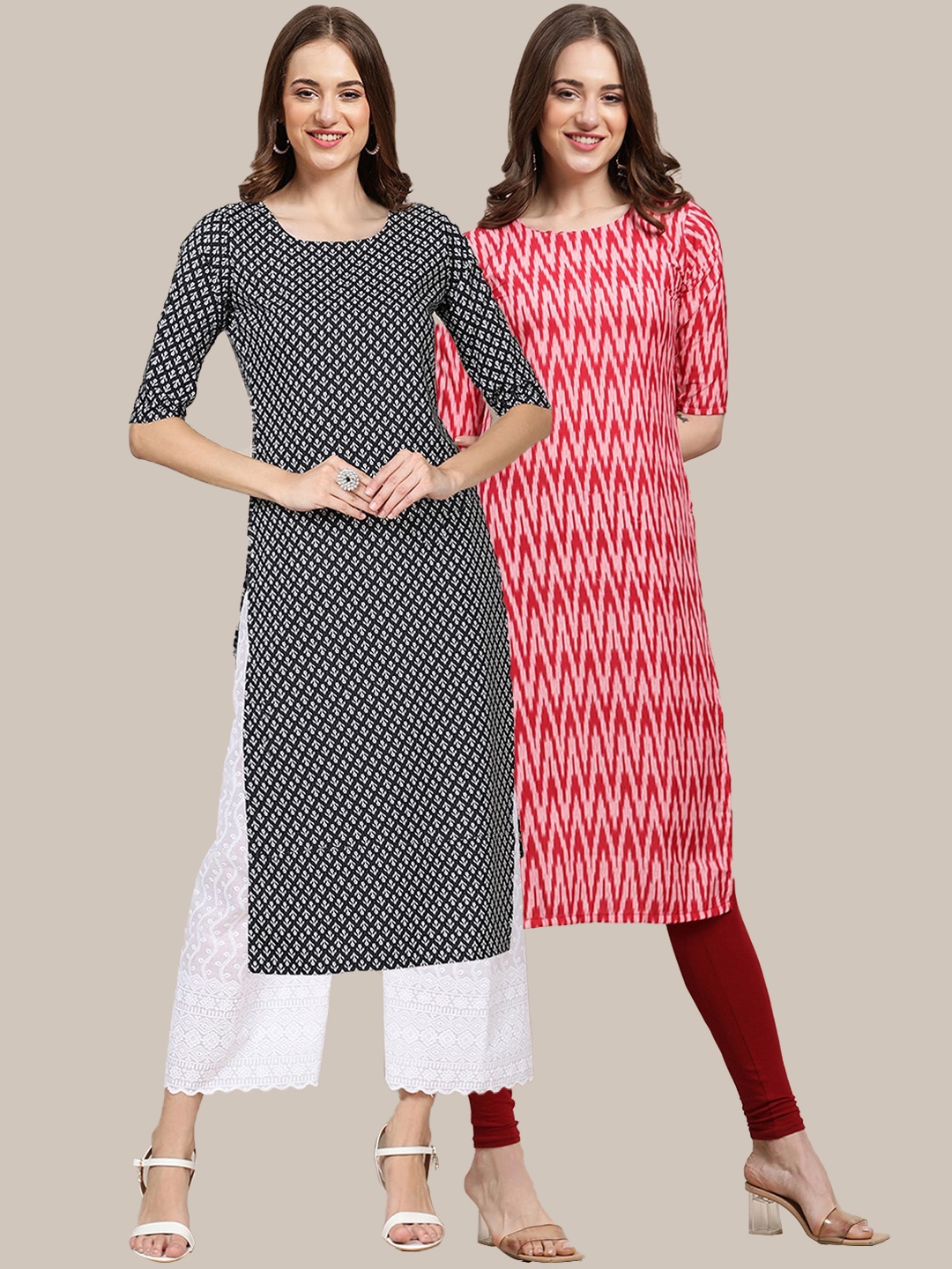 

7Threads Women Pack of 2 Black & Red Geometric Printed Crepe Kurta