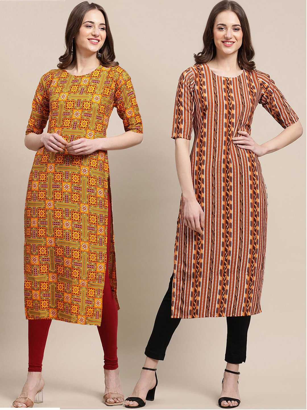 

7Threads Women Pack Of 2 Mustard Yellow & Red Ethnic Motifs Printed Crepe Kurta