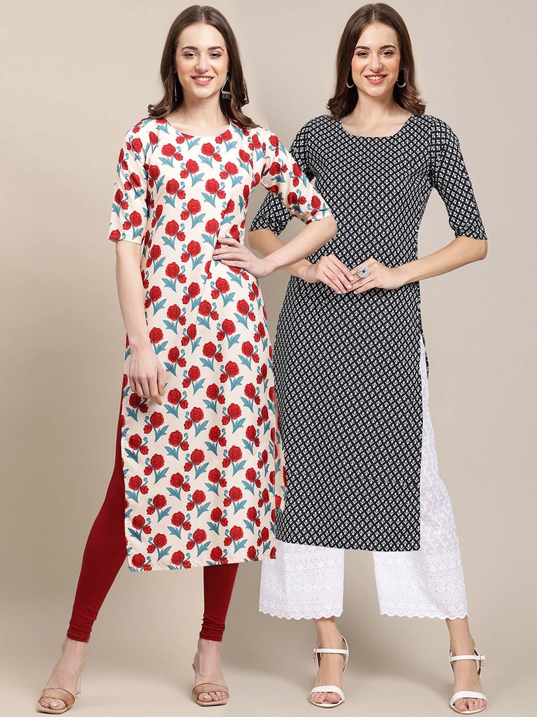 

7Threads Women Pack Of 2 White & Black Geometric Printed Summer Sheers Crepe Kurta