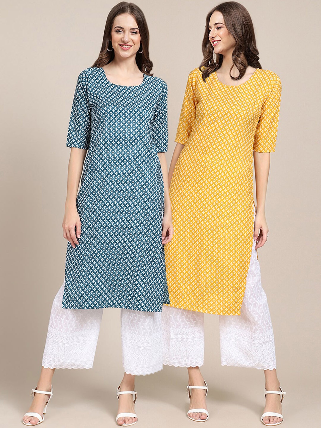 

KALINI Women Pack Of 2 Teal & Yellow Ethnic Motifs Printed Summer Sheers Crepe Kurta