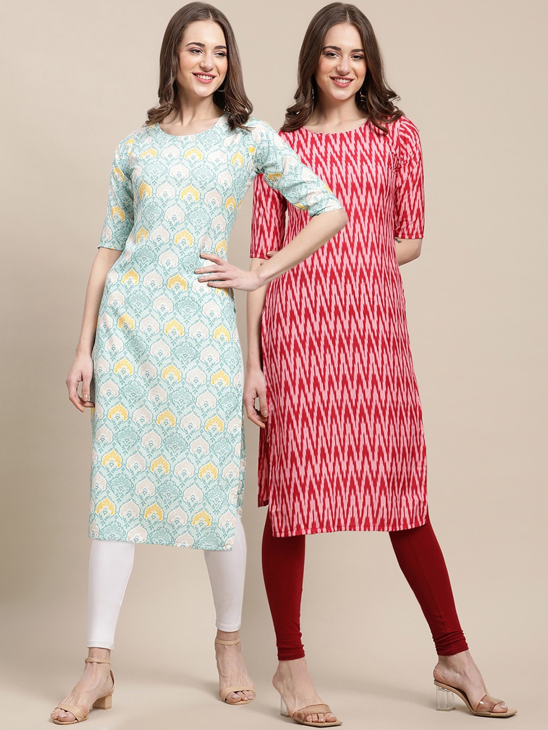 

7Threads Women Pack Of 2 Blue & Red Ethnic Motifs Printed Summer Sheers Crepe Kurta