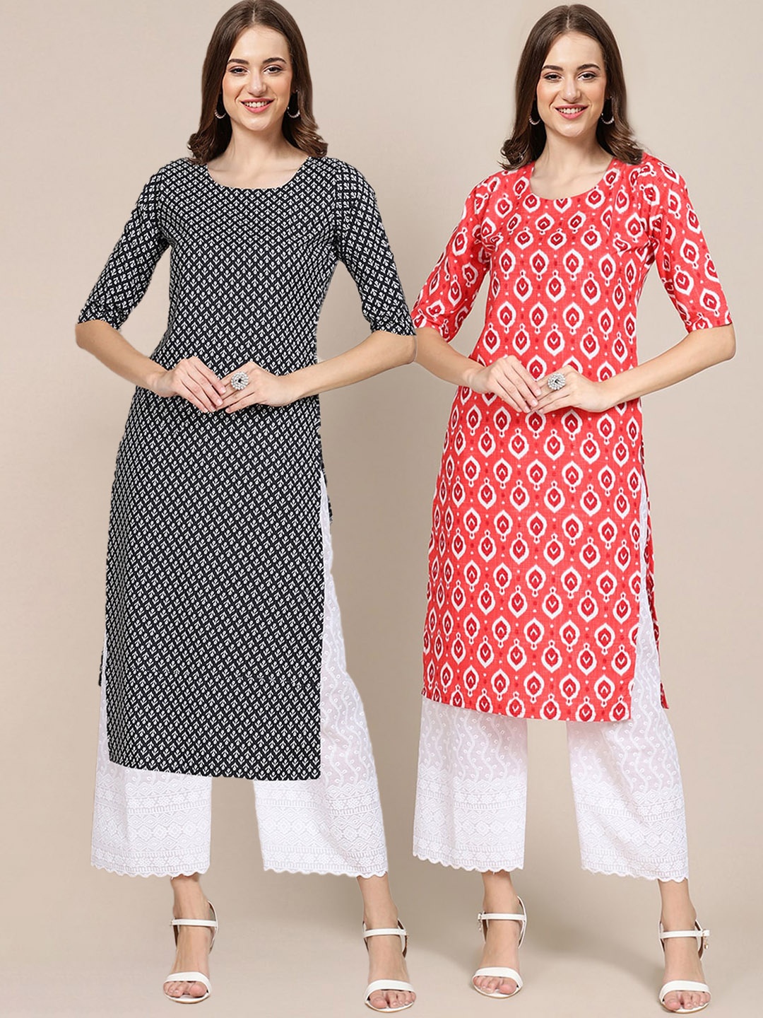 

7Threads Women Pack Of 2 Black & Orange Ethnic Motifs Printed Summer Sheers Crepe Kurta