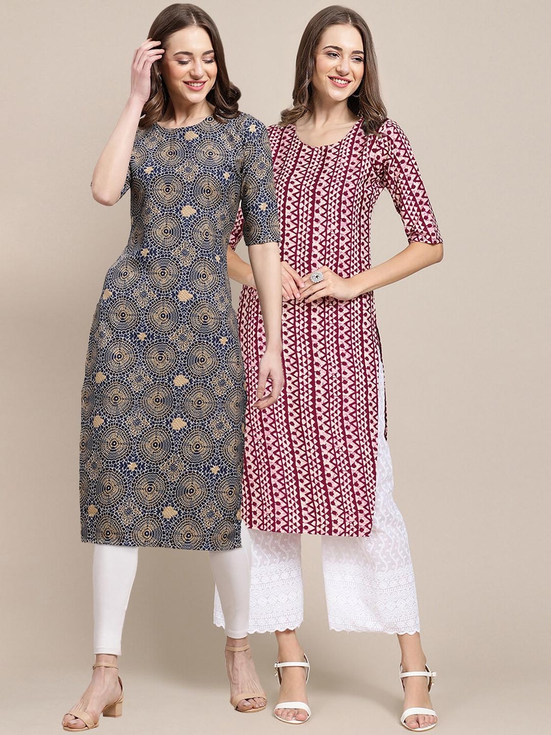 

7Threads Women Pack Of 2 Grey & Maroon Ethnic Motifs Printed Summer Sheers Crepe Kurta