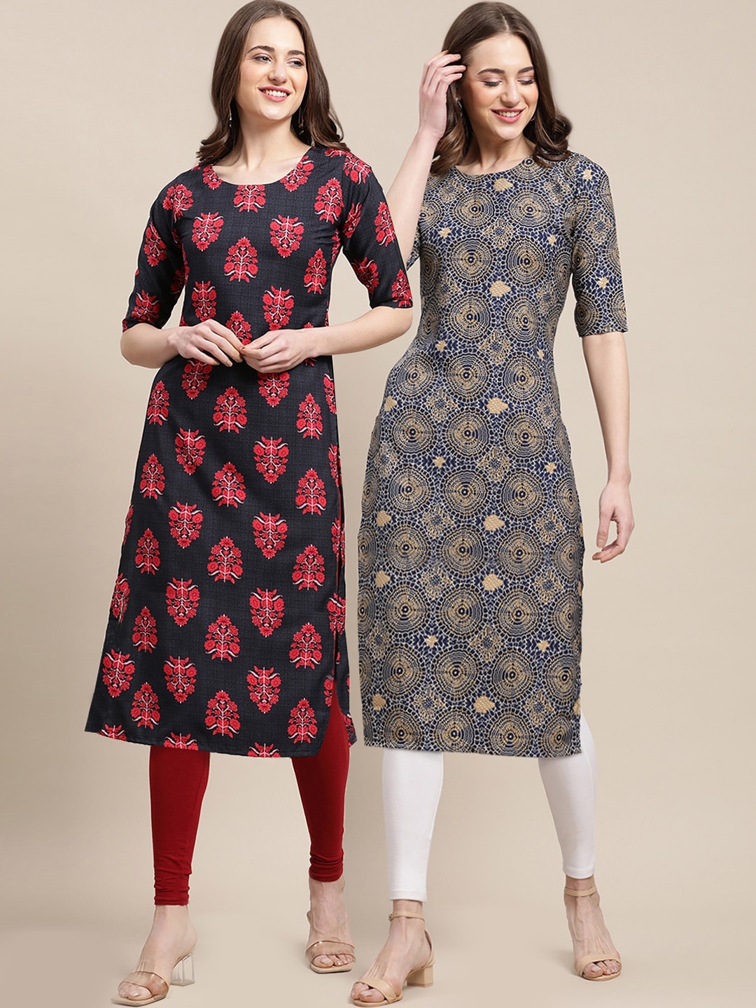 

7Threads Women Pack Of 2 Black & Grey Ethnic Motifs Printed Summer Sheers Crepe Kurta