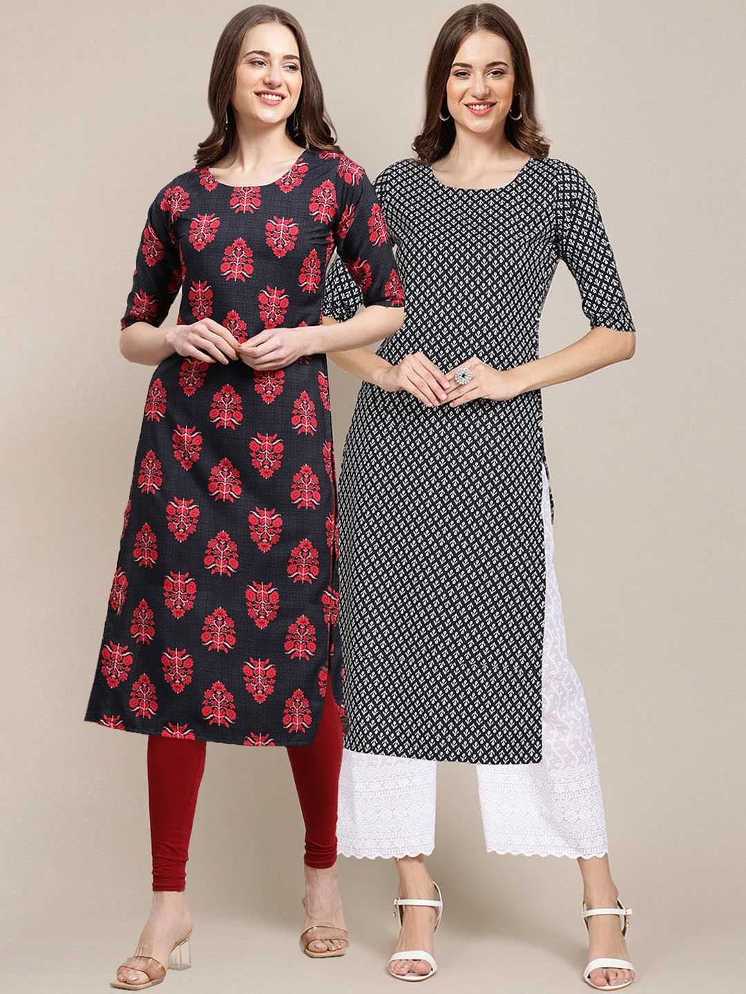 

7Threads Women Pack Of 2 Black & Red Ethnic Motifs Printed Summer Sheers Crepe Kurta