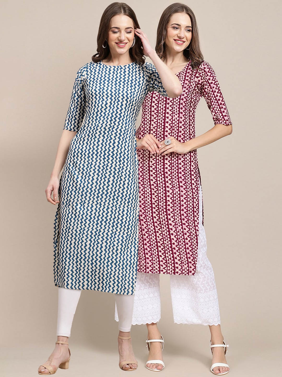 

7Threads Women Pack Of 2 Maroon & White Geometric Printed Summer Sheers Crepe Kurta