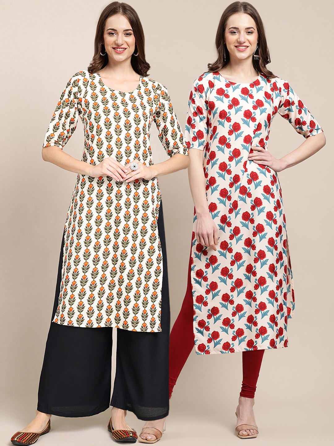 

7Threads Women Pack Of 2 Cream-Coloured & Red Ethnic Motifs Printed Crepe Kurta