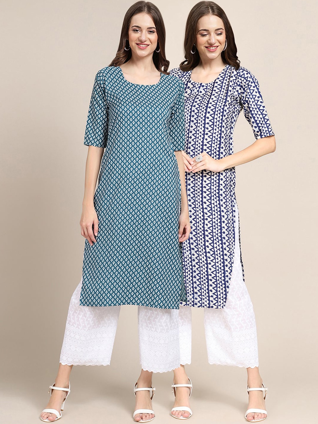 

KALINI Women Pack Of 2 Teal & White Ethnic Motifs Printed Summer Sheers Crepe Kurta