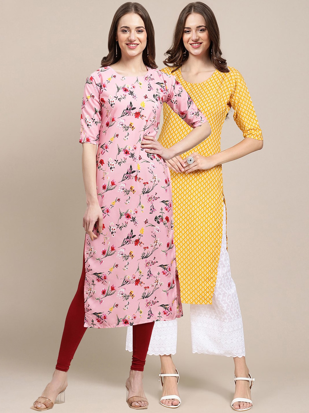 

7Threads Women Pack Of 2 Pink & Yellow Floral Printed Summer Sheers Crepe Kurta