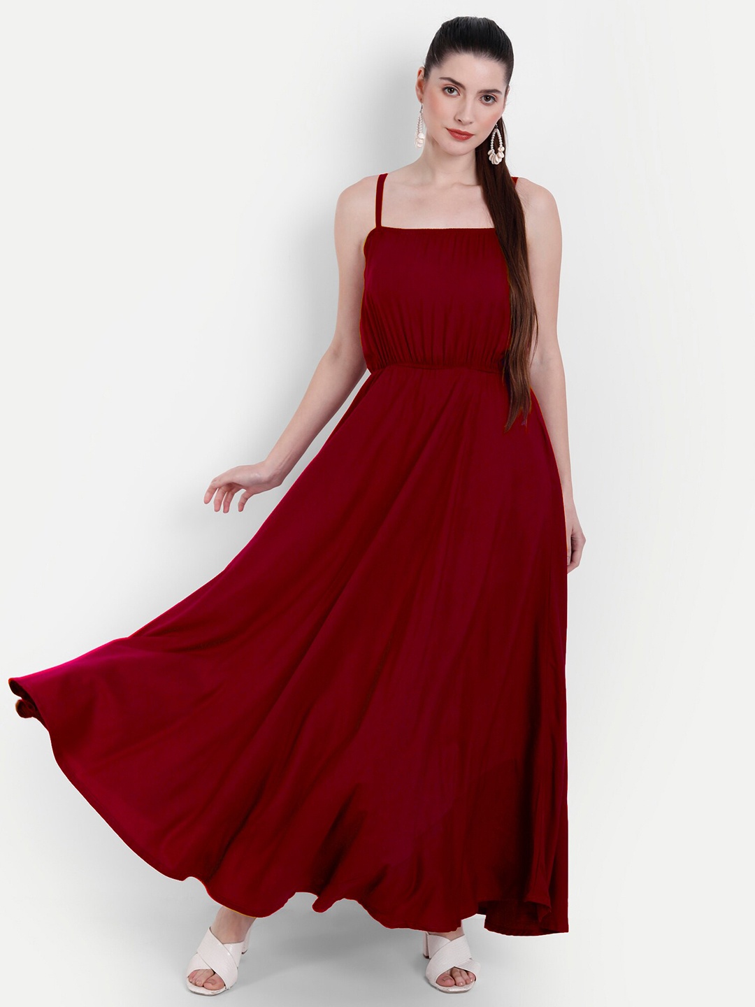 

Globon Impex Maroon Fit and Flare Shoulder strap Maxi Dress