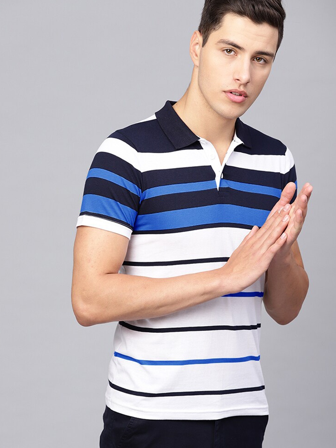 

Seven Rocks Men Blue & White Striped Polo Collar T-shirt