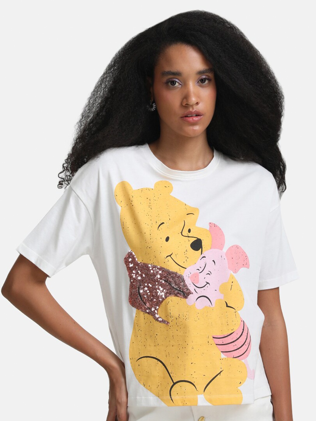 

Kazo Women White & Yellow Winnie The Pooh Printed Drop-Shoulder Sleeves Oversized T-shirt