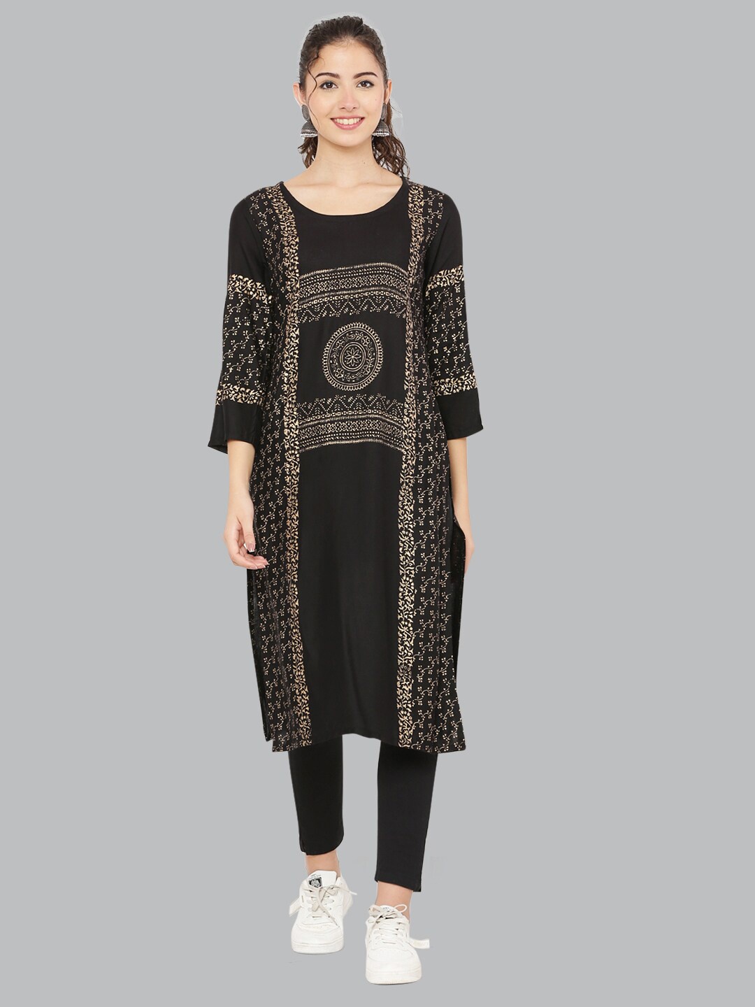 

DEGE Women Black Ethnic Motifs Block Printed Kurta