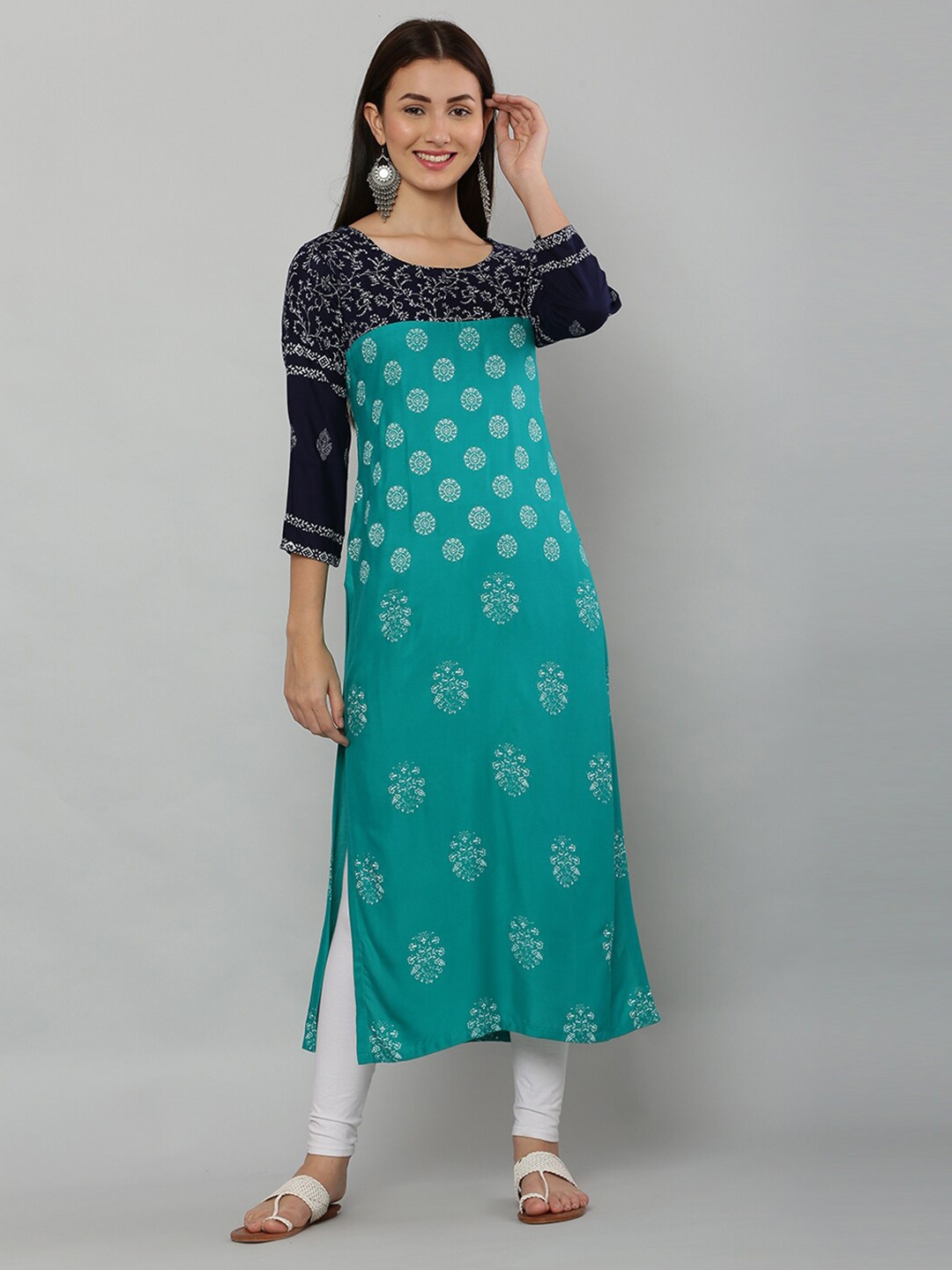 

DEGE Women Green & Navy Blue Floral Printed Block Print Kurta
