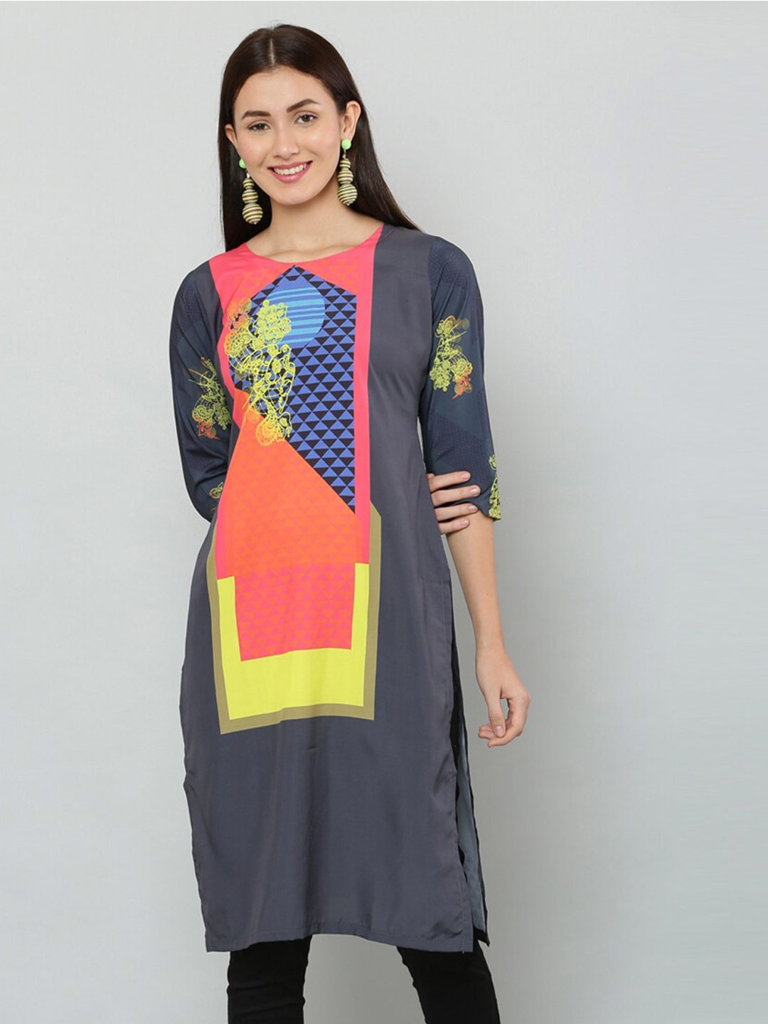 

DEGE Women Grey & Orange Colourblocked Crepe Kurta