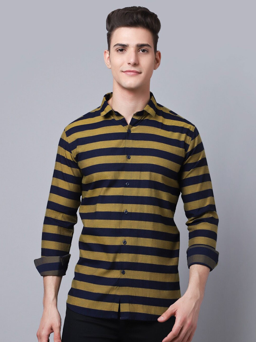 

Majestic Man Men Gold-Toned Slim Fit Horizontal Stripes Striped Casual Shirt