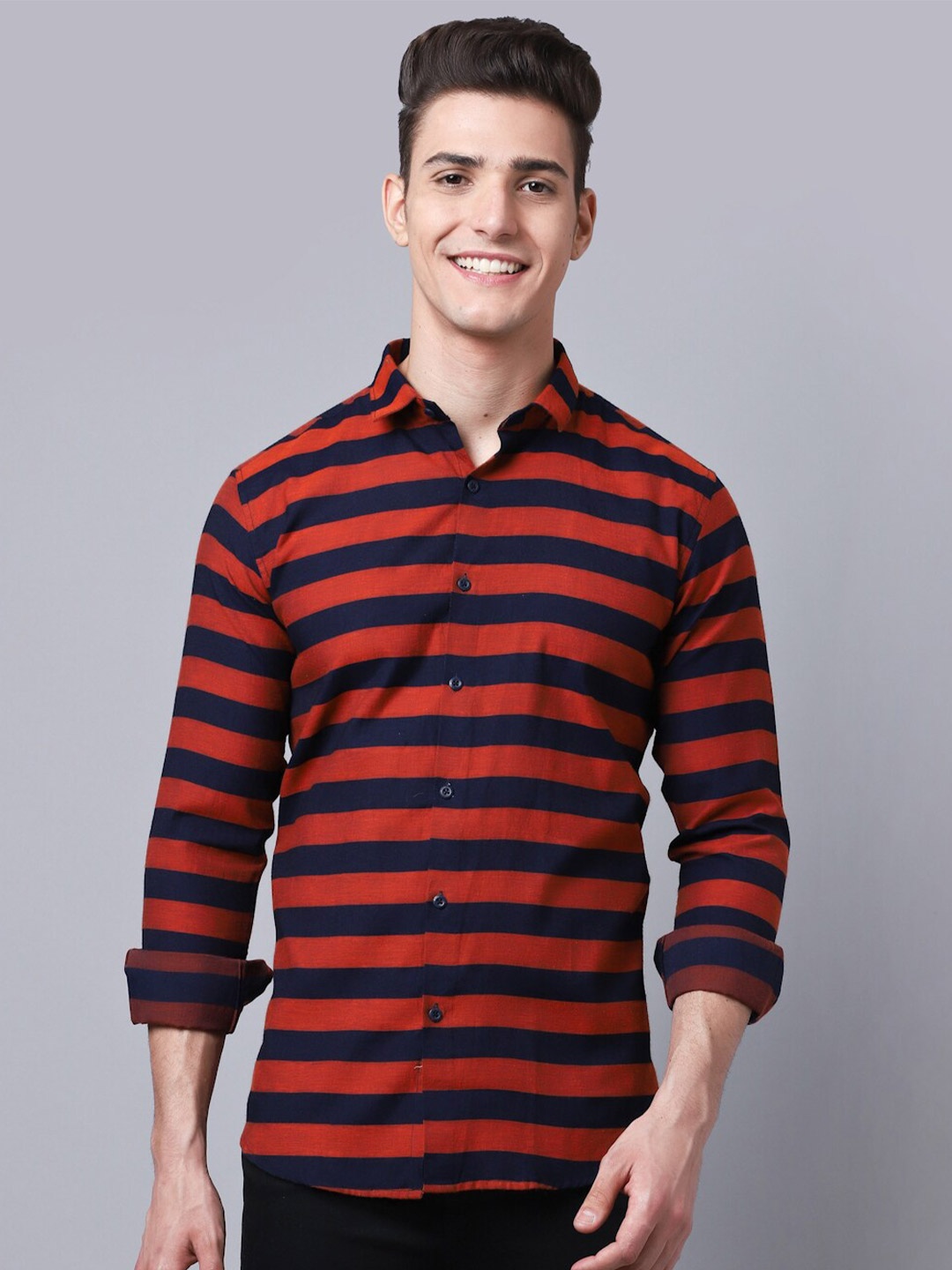 

Majestic Man Men Orange Slim Fit Horizontal Stripes Striped Casual Shirt