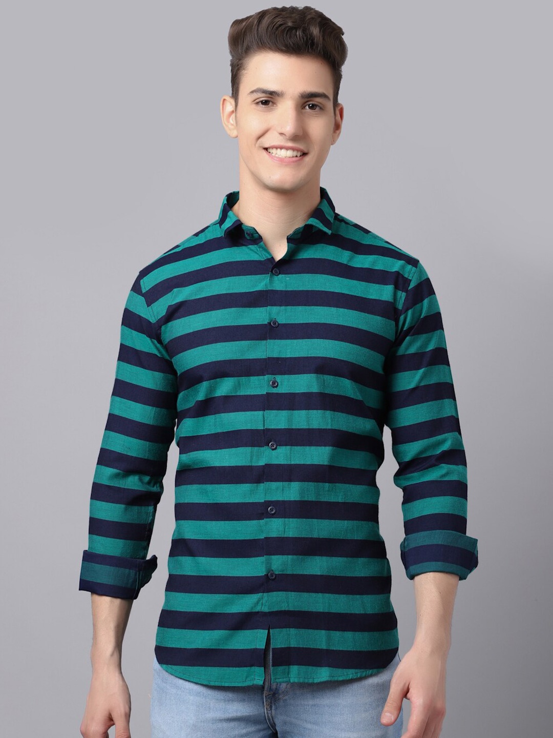 

Majestic Man Men Teal Slim Fit Horizontal Stripes Striped Casual Shirt