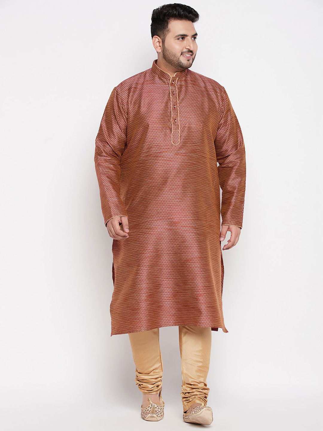 

VASTRAMAY Men Plus Size Maroon And Rose Gold Self Design Kurta With Churidar