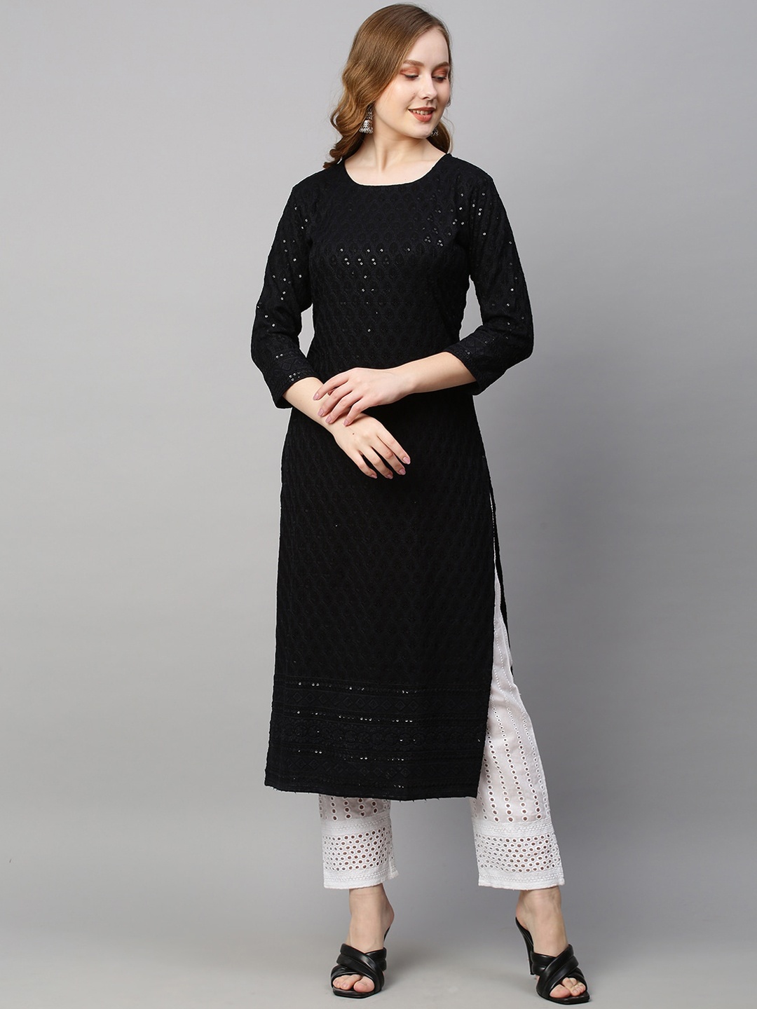 

POONAM DESIGNER Women Black Embroidered Flared Sleeves Mirror Work Kurta