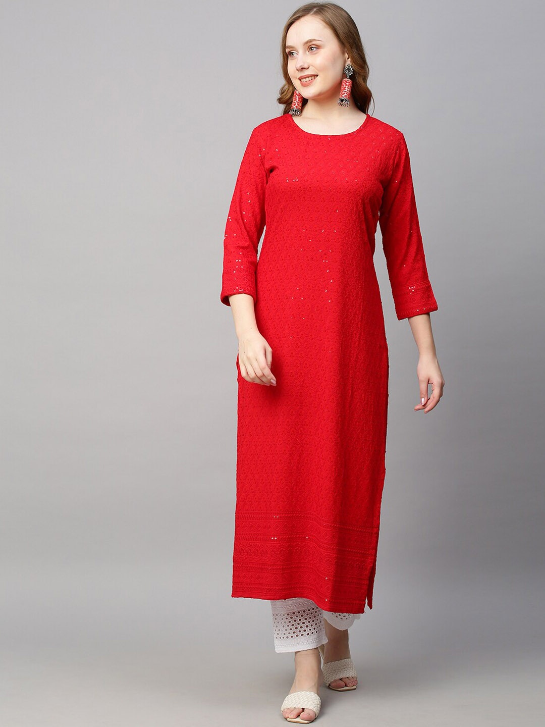 

POONAM DESIGNER Women Red Sequinned Embroidered Kurta