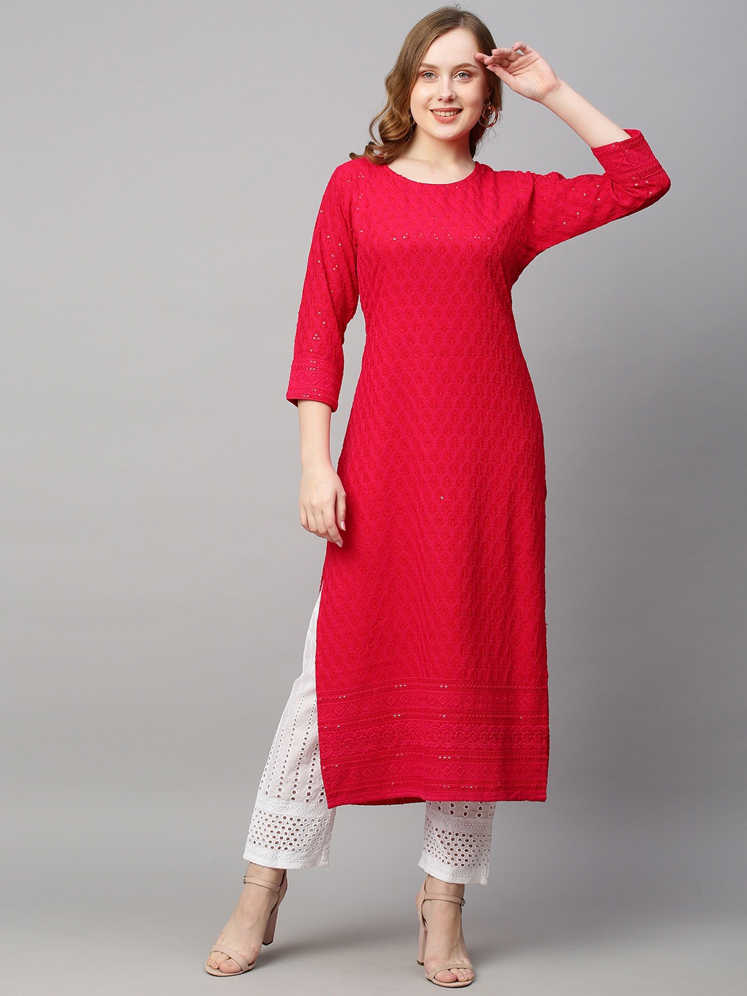 

POONAM DESIGNER Women Maroon Floral Embroidered Kurta