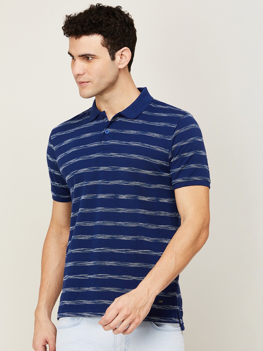 

CODE by Lifestyle Men Navy Blue Striped Polo Collar T-shirt