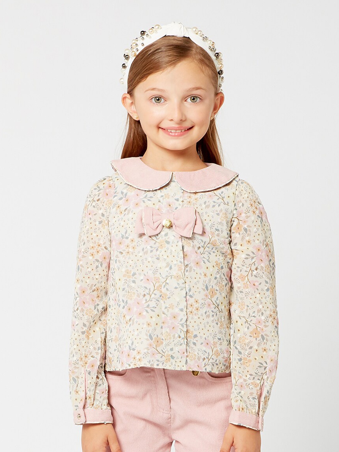 

One Friday Beige Floral Print Tie-Up Neck Top