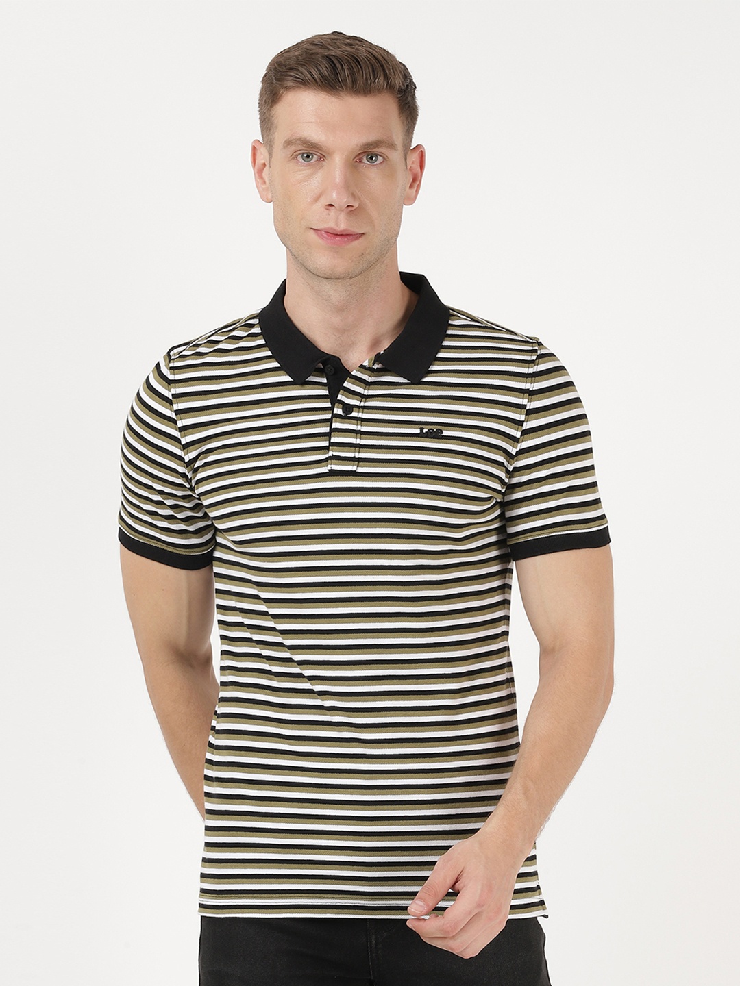 

Lee Men White & Green Striped Polo Collar Slim Fit T-shirt