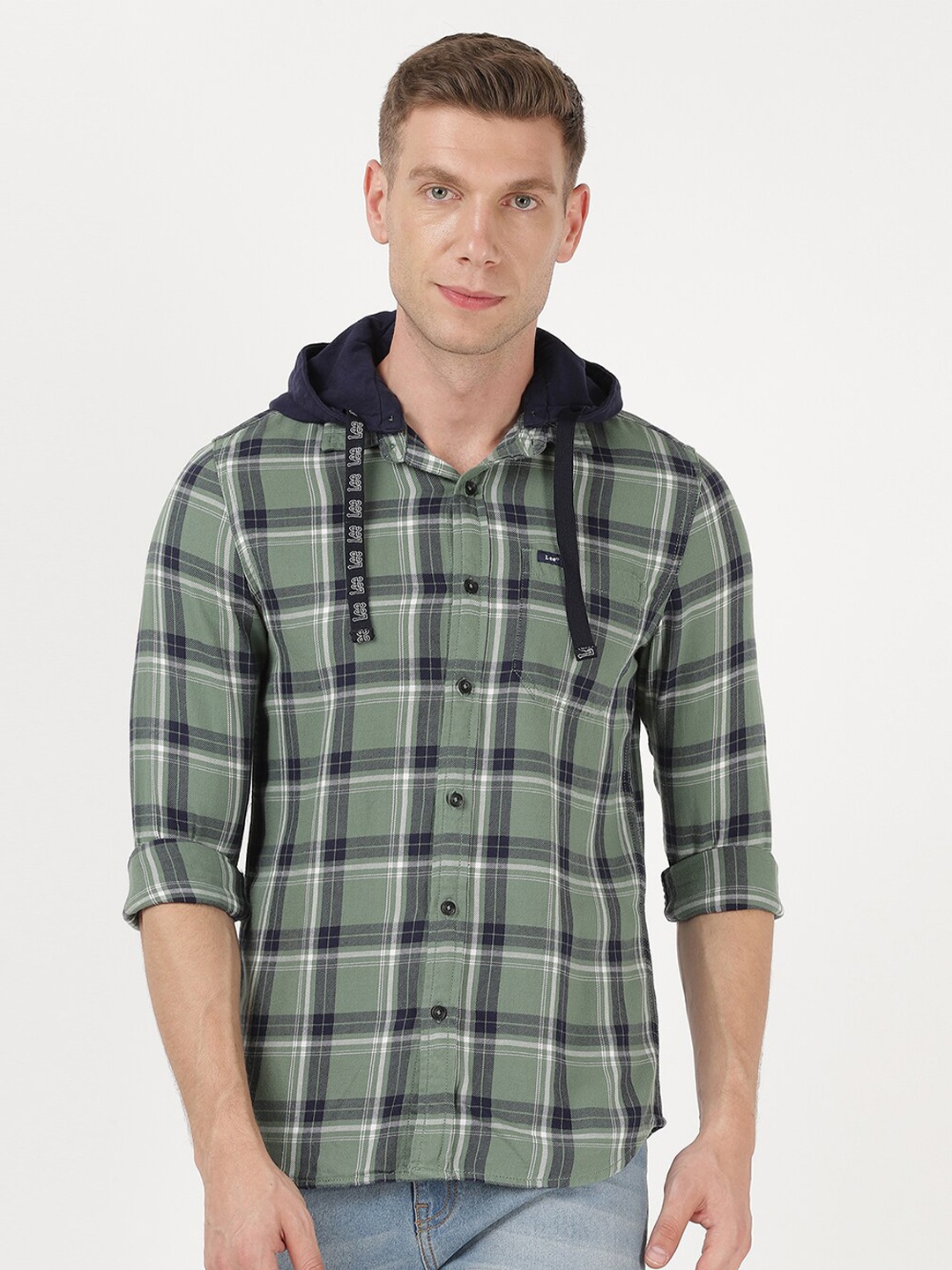 

Lee Men Green Slim Fit Tartan Checked Hooded Casual Cotton Shirt