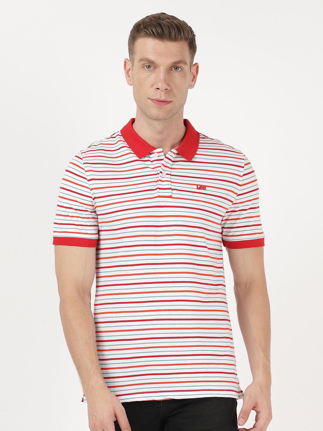 

Lee Men White Striped Polo Collar Applique Slim Fit T-shirt