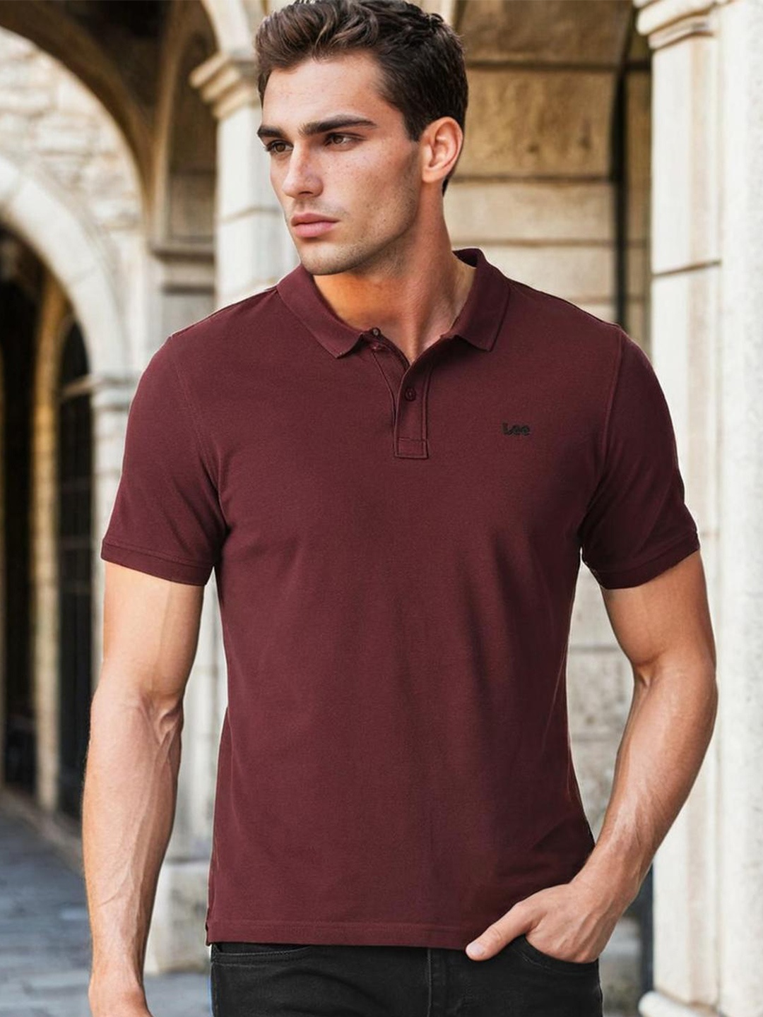 

Lee Men Red Polo Collar Slim Fit T-shirt