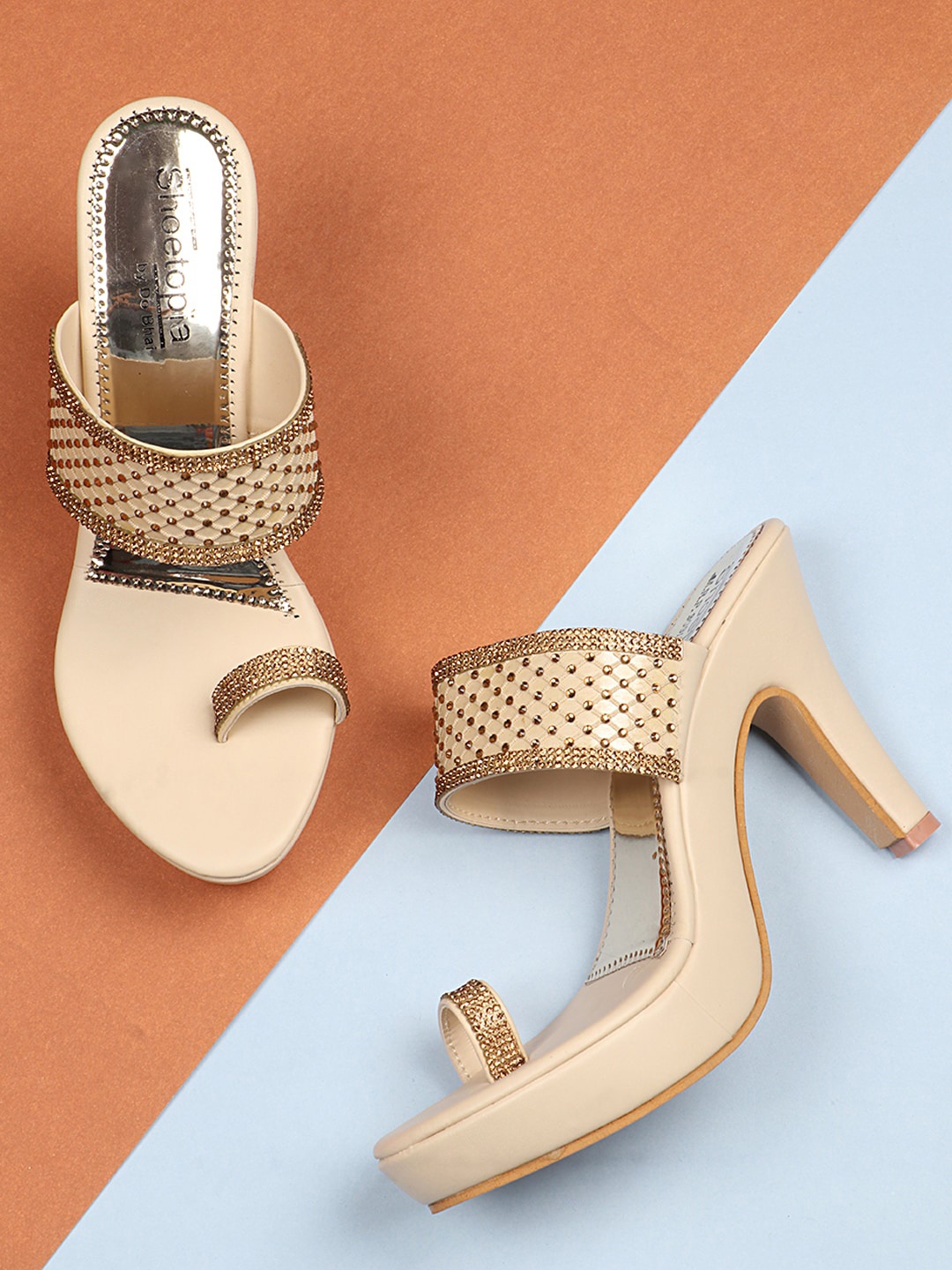 

Shoetopia Cream-Coloured Embellished Open-Toe Platform Heels