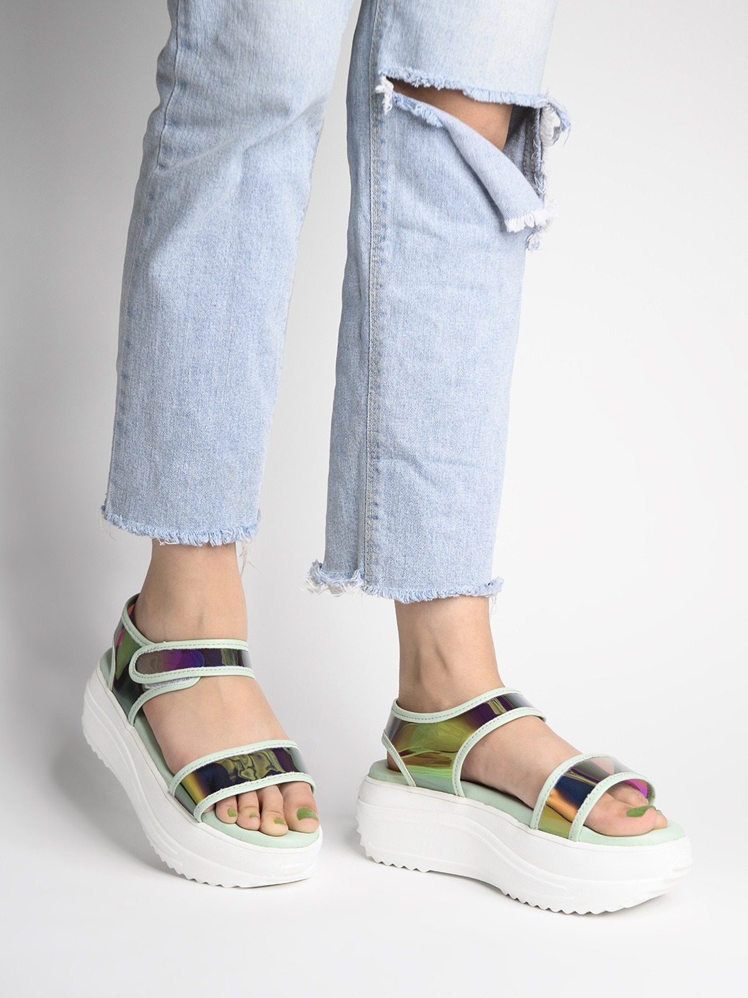 

Shoetopia Women Green & Purple Flatform Heels with Buckles